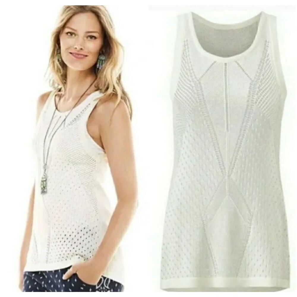 Cabi Tennis Tank Cream Crochet Knit Sleeveless Top Small #5136